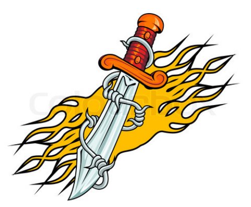 Flaming Knife And Barbed Wire Tattoo Design